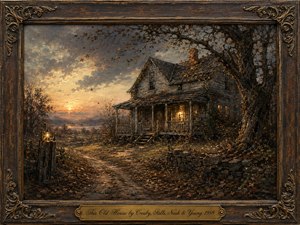 A weathered country house glows warmly beneath a dramatic autumn sunset, surrounded by fallen leaves, a gnarled tree, stone walls, and a winding dirt path. Rich browns, golds, grays, and dusky blues create a nostalgic, reflective mood. Detailed painterly textures and an ornate antique frame enhance its timeless character.