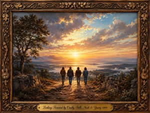 Four companions walk along a rugged path toward a radiant sunrise overlooking distant mountains, water, and misty valleys. Warm golds, amber, blue, and earthy browns create a hopeful, reflective mood. Painterly realism, dramatic cloud lighting, wild vegetation, stone walls, musical carvings, and an ornate wooden frame enrich the composition.