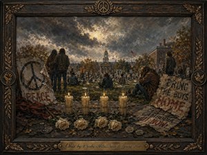 A somber oil-painted campus memorial unfolds beneath a turbulent gray-gold sky, where grieving students gather among protest signs and autumn trees. Four glowing candles and white roses anchor the foreground, symbolizing lives lost. Weathered wood, bronze ornaments, muted earth tones, dramatic light, and an engraved title plate deepen the historic, mournful atmosphere.