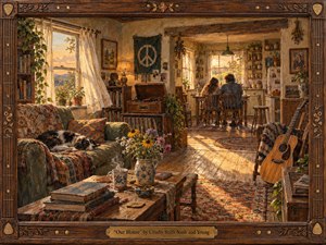 A warmly lit cottage interior glows with late-afternoon sunlight, where a couple sits quietly at a rustic kitchen table. Earthy browns, golds, greens, and floral textiles create an intimate, peaceful mood. Detailed oil-paint textures, worn wood, books, records, flowers, a resting dog, and guitar enrich the nostalgic domestic scene.