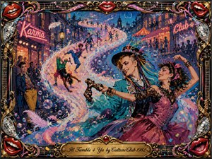 A vibrant 1980s carnival street scene swirls with dancing figures, tumbling performers, bubbles, feathers, and confetti beneath glowing neon signs. Bold turquoise, magenta, gold, and midnight blue create an exuberant mood. Painterly textures blend theatrical romance with playful motion, framed by chrome, musical strings, mirrored accents, and bright red smiling lips.