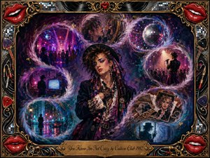 A flamboyant New Romantic figure stands amid swirling dreamlike memories of neon clubs, rain-soaked streets, mirrored disco balls, television glow, and intimate reflections. Rich purples, blues, crimson, and gold create a theatrical nocturnal mood. Expressive painted textures, luminous highlights, ornate musical details, red lips, and gilded framing heighten the nostalgic drama.