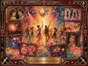 A vibrant nostalgic collage surrounds a radiant disco dance floor, where joyful figures celebrate beneath a glowing mirror ball and cascading confetti. Vintage portraits, roses, nightlife scenes, and romantic gestures fill ornate frames in warm reds, golds, turquoise, and amber. Painterly textures, theatrical lighting, vinyl records, and gilded details create exuberant retro glamour.