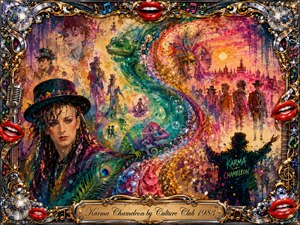 A flamboyant carnival dream unfolds around a vivid green chameleon, surrounded by feathered figures, dancers, bubbles, and theatrical silhouettes. Saturated turquoise, magenta, gold, orange, and crimson glow beneath warm sunset lighting. Expressive mixed-media brushwork creates playful nostalgia, framed by ornate chrome, musical details, mirrored balls, and glossy red lips.