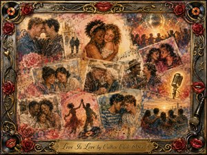 A warm vintage collage celebrates love across generations and cultures through tender couples, family, friendship, dancing, and shared embraces. Sepia, rose, gold, and amber tones glow beneath soft nostalgic lighting. Layered photographs, sheet music, roses, records, microphones, and a disco ball create a richly textured mixed-media composition within an ornate musical frame.