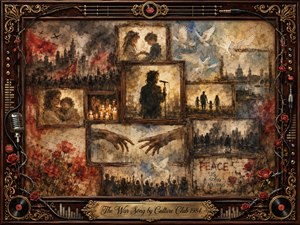 A richly layered rosewood-framed collage contrasts conflict with hope through faded city ruins, candlelit crowds, families, reaching hands, and white doves. Warm sepia, muted reds, cream, and smoky blues create a nostalgic, solemn mood. Ornate gold inlay, roses, records, strings, microphones, and soft painterly textures surround the illuminated central scenes.