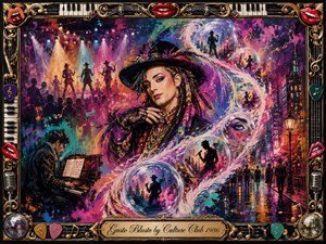 A flamboyant central figure in a wide-brimmed hat anchors a vibrant nighttime cityscape filled with performers, dancers, piano music, and glowing memory-like bubbles. Saturated pinks, purples, blues, and golds create theatrical energy beneath dramatic stage lighting. Painterly textures, reflective streets, musical motifs, ornate framing, and smiling red lips enhance the exuberant 1980s atmosphere.