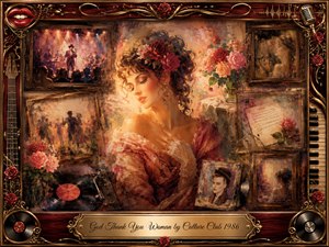 A radiant woman in a rose-adorned dress anchors a nostalgic collage of framed concert memories, handwritten notes, vinyl records, and portraits. Warm amber, crimson, rose, and gold tones glow beneath soft theatrical lighting. Painterly oil and watercolor textures blend romance, gratitude, and memory within an ornate musical rosewood frame.