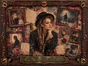 A richly textured nostalgic collage centers on a contemplative, elaborately dressed figure surrounded by faded portraits, handwritten notes, roses, and performance memories. Deep burgundy, sepia, charcoal, and antique gold create a wistful mood, while soft theatrical lighting and painterly textures merge oil, acrylic, and watercolor effects within an ornate musical rosewood frame.