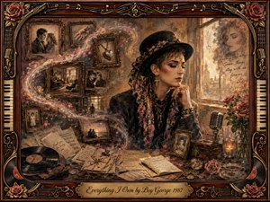 A contemplative figure sits beside a sunlit window, surrounded by faded photographs, letters, roses, records, sheet music, and keepsakes arranged like treasured memories. Warm sepia, rose, amber, and dark brown tones create a tender, nostalgic mood. Painterly textures, soft glowing light, ornate rosewood framing, and musical details enrich the intimate collage.