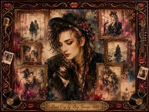 A wistful, androgynous figure in dark romantic attire rests among vintage rosewood frames filled with fading memories of love, solitude, and performance. Warm sepia, burgundy, gold, and muted blue tones glow through painterly textures. Ornate musical motifs, roses, records, red lips, and a gilded title plate create a nostalgic, theatrical atmosphere.