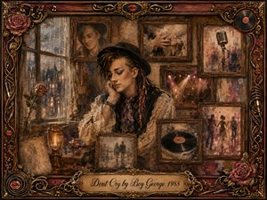 A wistful figure sits beside a rain-streaked window, surrounded by faded rosewood-framed memories, roses, records, and vintage microphones. Warm amber lamplight contrasts with muted browns, burgundy, and smoky gold. Layered oil, acrylic, and watercolor textures create a nostalgic, melancholy collage, enclosed by an ornate musical frame.
