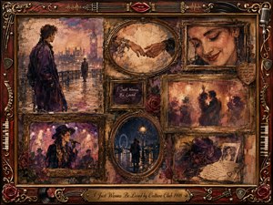 A nostalgic rosewood collage frames tender memories of longing and romance: nearly touching hands, a distant city figure, soft smiles, dancing silhouettes, and intimate stage moments. Warm burgundy, amber, violet, and gold glow beneath gentle painterly lighting, blending oil, acrylic, and watercolor textures with roses, musical details, and elegant vintage ornamentation.