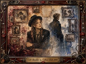 A wistful figure sits amid faded portraits and weathered memories while another person turns away into a misty London street. Warm sepia, burgundy, and muted blue tones contrast tenderness with emotional distance. Layered oil, acrylic, and watercolor textures, ornate rosewood framing, musical details, red lips, and soft antique lighting deepen the melancholy.