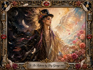 An androgynous figure stands between shadow and radiant light, symbolizing transformation and renewal. Flowing robes, drifting feathers, roses, and luminous wings surround the serene subject in a richly textured oil-painted scene. Deep charcoal and indigo transition into gold, coral, and ivory, framed by ornate musical motifs, chrome, red lips, and elegant filigree.