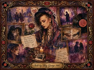 An androgynous singer stands at the heart of a nostalgic memory collage, surrounded by roses, handwritten notes, vinyl records, stage scenes, and fading romantic portraits. Warm rose, mauve, gold, violet, and sepia tones glow beneath soft theatrical lighting, while ornate rosewood, chrome, and gilded details frame the melancholy mixed-media composition.