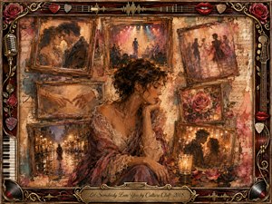 A pensive woman sits amid faded rosewood-framed memories of romance, dancing, music, and rain-lit streets. Warm amber, crimson, mauve, and gold tones glow through layered oil, acrylic, and watercolor textures. An ornate musical frame of roses, strings, piano keys, lips, and filigree completes the nostalgic, tender composition.