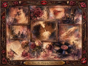 A nostalgic romantic collage unfolds within an ornate rosewood and gold frame, blending faded kisses, clasped hands, roses, love letters, a vintage microphone, musicians, and a vinyl record. Warm burgundy, sepia, blush, and muted gold tones glow through hazy light, while painterly oil and watercolor textures create tenderness, longing, and fading musical memories.