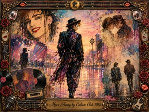 A solitary, stylish figure walks away along a rain-slick neon boulevard, surrounded by fading portraits, romantic memories, stage scenes, vinyl records, and musical relics. Warm pink, gold, purple, and blue light creates a bittersweet 1980s glow. Painterly watercolor and oil textures blend nostalgia, distance, glamour, and emotional departure.
