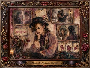 A pensive androgynous figure sits among faded romantic memories, wilted roses, letters, mirrors, and embracing lovers. Warm burgundy, mauve, antique gold, and smoky teal tones glow under soft candlelight. Painterly oil, acrylic, and watercolor textures create melancholy nostalgia, framed by ornate musical details, red lips, roses, and engraved titlework.