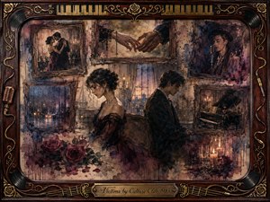 A melancholy collage portrays two lovers turned away from each other in a dim, elegant room, surrounded by framed memories of dancing, touching hands, music, rain, roses, and candlelight. Deep burgundy, violet, blue, and antique gold tones glow softly through painterly oil, acrylic, and watercolor textures, framed with ornate musical details.
