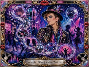 A glamorous singer-like figure poses in a vivid 1980s nightclub surrounded by dancing silhouettes, disco lights, and swirling feathered memory bubbles. Magenta, cobalt, violet, teal, gold, and chrome create a dramatic glow. Painterly acrylic textures, musical symbols, vinyl records, red lips, and an ornate frame heighten the stylish, bittersweet mood.
