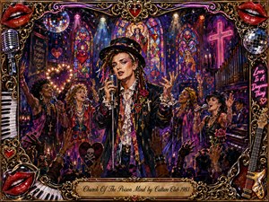 A flamboyant singer commands a chapel-like nightclub stage, surrounded by joyful gospel-inspired performers, raised hands, stained glass, candles, neon crosses, and disco lights. Saturated reds, purples, blues, and golds glow dramatically across the richly textured gouache-style scene, while an ornate musical frame of lips, instruments, roses, and chrome adds decadent 1980s glamour.