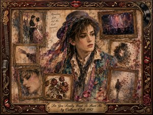A wistful, androgynous figure stands amid vintage framed memories of romance, separation, tears, roses, and a dim concert stage. Warm sepia, dusty rose, teal, cream, and gold create a tender, melancholic mood. Soft painterly lighting, watercolor textures, musical ornaments, red lips, and an engraved title plate complete the nostalgic collage.