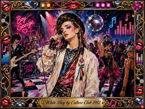 A flamboyant new-wave singer commands a neon-lit nightclub, surrounded by dancers, musicians, disco reflections, and smoky stage lights. Saturated pinks, blues, reds, gold, and chrome create an energetic 1980s atmosphere. Expressive acrylic brushwork, dramatic makeup, checkerboard flooring, musical motifs, and an ornate decorative frame enhance the theatrical composition.