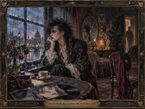 A solitary, androgynous figure sits beside a rain-streaked window in a richly textured, vintage room, surrounded by wilted flowers, records, and a cracked mirror. Deep burgundy, black, and muted gold tones create a melancholy atmosphere, while soft lamplight and stormy twilight emphasize heartbreak, reflection, emotional distance, and restrained theatrical elegance.