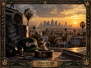 A hazy Los Angeles sunset frames a gritty rooftop scene filled with hip hop relics, drifting smoke, palm trees, and distant towers. Warm gold light cuts through smog, illuminating a boombox, headphones, records, and worn surfaces. Ornate cannabis motifs and dark metal framing reinforce the relaxed, rebellious 1990s atmosphere.