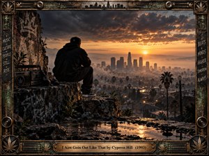 A hooded figure overlooks a hazy city at sunset from a rugged graffiti-covered ledge, creating a defiant, reflective mood. Warm gold light cuts through dark storm clouds, silhouetting towers and palms. Weathered metal framing, speakers, cannabis motifs, and distressed urban textures reinforce the gritty cinematic hip-hop atmosphere.