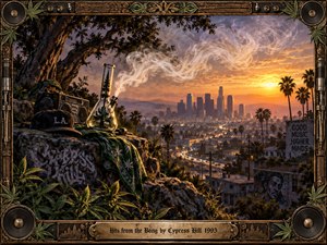 A smoky Los Angeles sunset spreads behind palms, freeways, and glowing towers, while a glass bong, boombox, cap, and green cloth anchor the rocky foreground. Warm amber light, drifting smoke, graffiti, speakers, and carved metal framing create a gritty, nostalgic West Coast hip-hop atmosphere with cinematic realism.