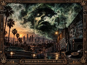 A colossal shadowed face emerges through curling green-gray smoke above a rain-slicked Los Angeles street, framed by palms, graffiti walls, a vintage lowrider, speakers, and vinyl gear. Warm sunset light clashes with murky urban tones, creating a tense, hallucinatory, cinematic hip-hop atmosphere inside an ornate bronze frame.
