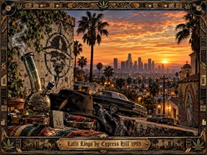 A richly detailed West Coast cityscape glows beneath a fiery orange sunset, framed by ornate carved metalwork. Palm trees, hillside streets, a classic lowrider, religious mural, skull graffiti, patterned fabric, smoking glassware, and urban textures create a gritty, atmospheric Cypress Hill-inspired scene with cinematic realism and layered cultural symbolism.