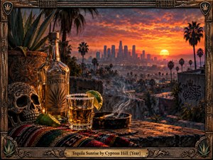 A richly detailed tequila still life overlooks a hazy Los Angeles skyline at fiery sunset, framed by palms, agave, and urban rooftops. Warm amber light illuminates a bottle, glass, lime, skull, woven cloth, and curling smoke, creating a cinematic, gritty, reflective atmosphere within an ornate carved frame.