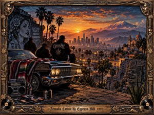 A richly detailed urban sunset overlooks a sprawling Latin-influenced city framed by mountains, palms, murals, historic architecture, and carved stone imagery. A black lowrider, boombox, records, spray cans, and shadowed figures anchor the foreground. Warm orange light, deep blues, ornate framing, and cinematic realism create a proud, reflective atmosphere.