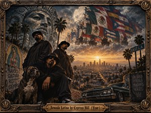 Three dark-clad figures and a pit bull overlook a glowing Los Angeles skyline beneath a dramatic fleet of flag-covered ships. Ancient stone imagery, palm trees, murals, graffiti, and a classic lowrider create a proud, defiant atmosphere. Warm sunset light, smoky clouds, and ornate bronze framing give the scene cinematic depth.
