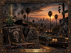 A dark green lowrider overlooks a glowing Los Angeles skyline beneath smoky sunset clouds and silhouetted palms. Graffiti, records, a bandana, glass piece, and street details create a gritty urban atmosphere. Warm amber light, deep greens, weathered textures, and an ornate metallic frame give the cinematic photographic composition rebellious energy.