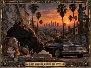 A gritty East Los Angeles sunset frames a tattooed man, loyal pit bull, and polished black lowrider overlooking the glowing city skyline. Warm orange light cuts through haze, palm trees, murals, and weathered streets, creating a defiant cinematic mood. Ornate metalwork, urban symbols, and engraved details reinforce cultural pride and streetwise intensity.