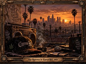 A gritty Los Angeles rooftop glows beneath a smoky orange sunset, framed by palms, skyline towers, graffiti, and worn hip-hop relics. A battered boombox, Cypress Hill cap, microphone, records, cassettes, and curling smoke create a rebellious, nostalgic mood within an ornate distressed metal frame and engraved title plate.