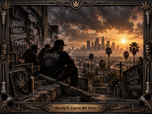 A gritty urban overlook frames four shadowed figures above a sprawling city at sunset, blending defiance, unity, and upward momentum. Warm gold light cuts through storm clouds, illuminating palm trees, concrete steps, graffiti, smoke, records, and street equipment. Ornate metallic framing adds weight, texture, and a cinematic hip-hop atmosphere.