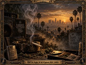 A smoky rooftop overlooks a palm-lined Los Angeles skyline glowing beneath an amber sunset. A worn ashtray, rolling papers, scattered herbs, records, and a battered sound system create a gritty hip-hop atmosphere. Curling smoke forms a spectral skull, while ornate bronze framing adds dramatic, streetwise grandeur.