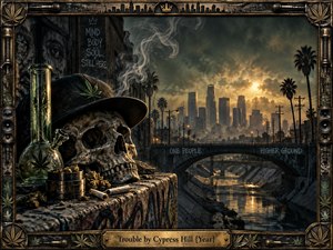 A weathered skull in a dark cap rests beside smoking glassware and scattered street objects, overlooking a shadowed Los Angeles skyline beneath stormy golden light. Palm trees, concrete channels, graffiti, and ornate metal framing create a tense, gritty atmosphere, blending cinematic realism, hip hop symbolism, decay, and urban defiance.