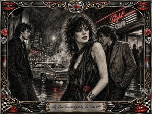 A glamorous woman stands between two men outside a rain-soaked 1970s nightclub, creating a cool, bittersweet romantic tension. Deep feathered charcoal textures dominate, accented by vivid red lips, neon signs, and chrome highlights. A vintage coupe, glowing city reflections, and an ornate music-themed metallic frame complete the cinematic new-wave atmosphere.