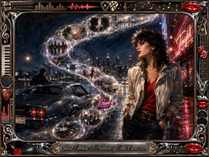 A confident woman stands beside a sleek vintage car on a rain-glossed city street, surrounded by neon reflections and a swirling S-curve of luminous memory bubbles. Chrome, black, blue, red, and gold create a glamorous late-1970s mood. Painterly textures, romantic vignettes, musical symbols, and an ornate rock-inspired frame add nostalgic energy.