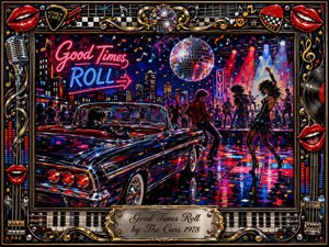 A gleaming vintage convertible rolls through a neon-soaked nighttime celebration filled with dancers, live music, confetti, and disco reflections. Electric reds, blues, magentas, chrome, and gold create a playful, energetic mood. Rich acrylic textures, glowing stage lights, mirrored surfaces, and an ornate music-themed frame amplify the retro rock-and-roll atmosphere.