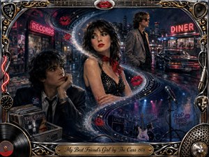 A neon-soaked 1970s city collage centers on a poised woman caught between two men, evoking romantic tension and wistful rivalry. Cool blues, smoky blacks, chrome, gold, and vivid red accents glow beneath cinematic lighting. Swirling S-curves, floating lips, records, guitars, diner lights, and ornate musical framing create a polished retro new-wave atmosphere.