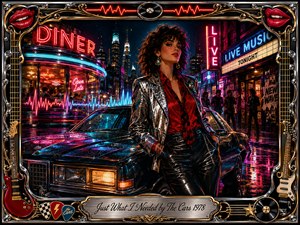 A confident woman in shimmering silver and black poses beside a sleek vintage car on a rain-soaked neon city street. Glowing diner signs, a live-music venue, colorful reflections, and pulsing sound waves create an energetic new-wave mood. An ornate chrome-and-gold musical frame, guitars, vinyl records, red lips, and engraved title plate complete the vivid digital painting.