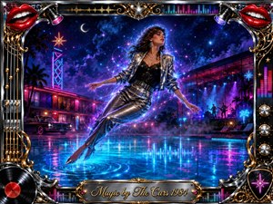 A glamorous woman floats weightlessly above a neon-lit swimming pool beneath a starry midnight sky, surrounded by sparkling violet and blue energy. Chrome clothing reflects vivid cyan, magenta, and purple light. An ornate gold-and-chrome musical frame, vinyl records, red lips, equalizer bars, and glowing details create a magical 1980s synth-rock atmosphere.